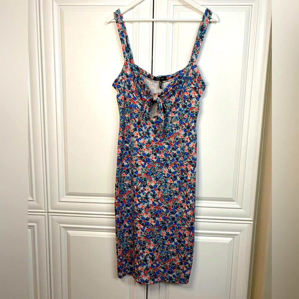 BCBG Paris Size Large Sleeveless Sundress in Blue and Multi Colour Floral Bow